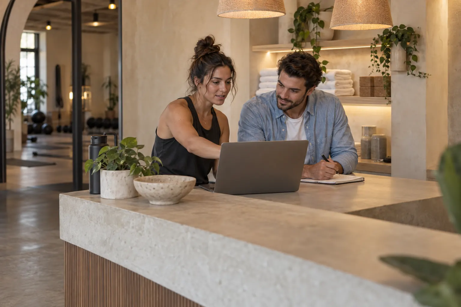 A studio owner and a product specialist reviewing a feature together at the studio front desk