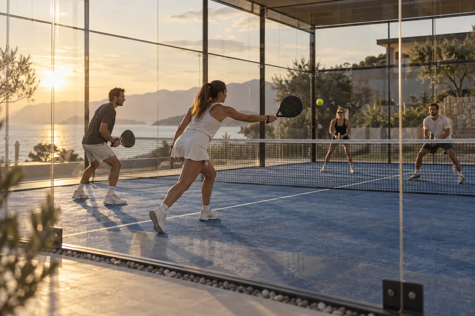 Four players in a padel match on a glass-walled court at sunset