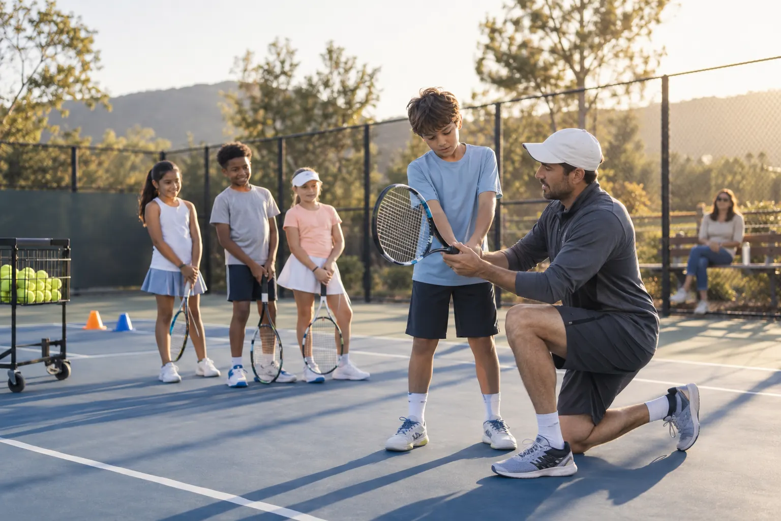 A coach showing a young player a forehand grip during a junior tennis session