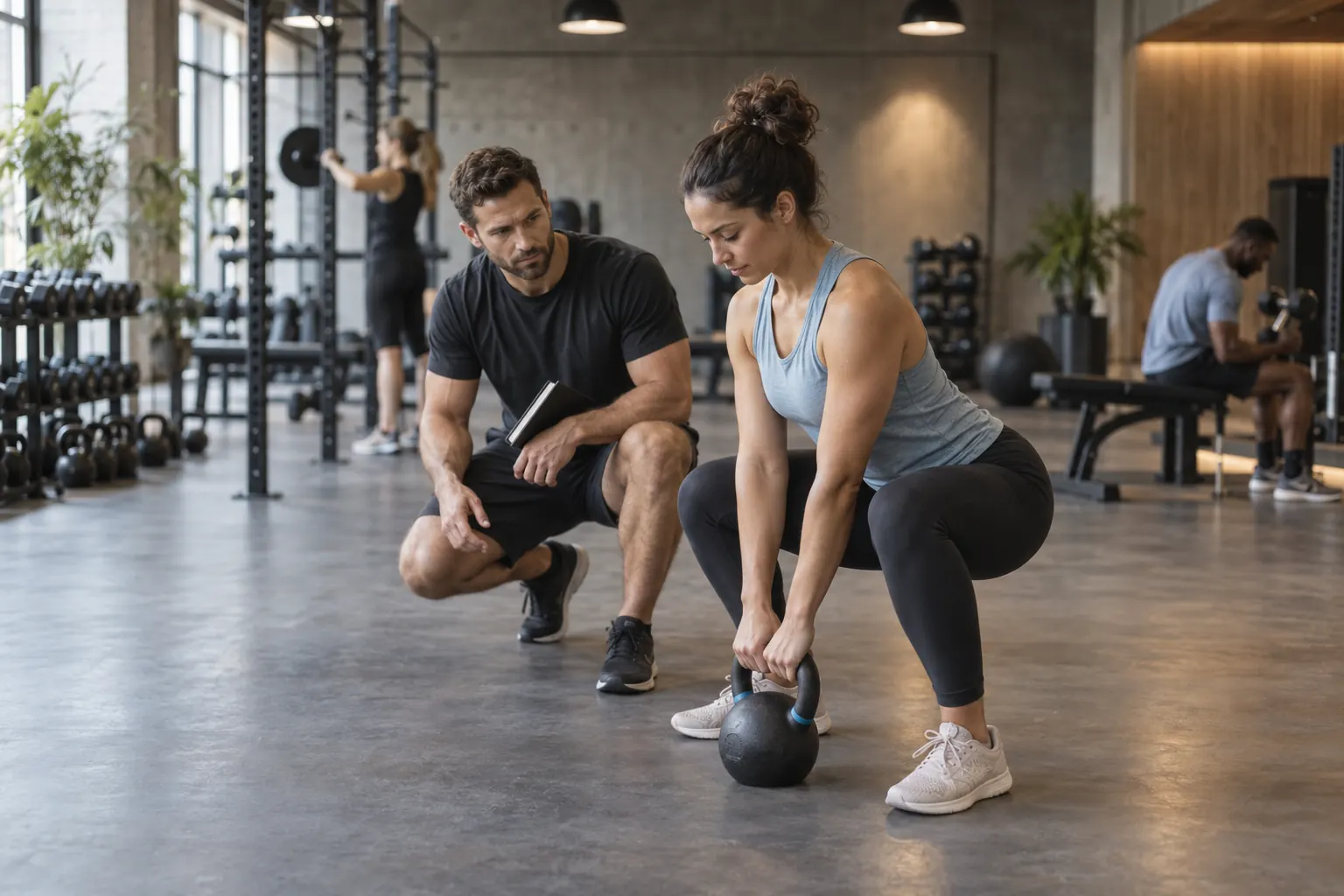 A personal trainer coaching a client through a kettlebell squat in a modern gym