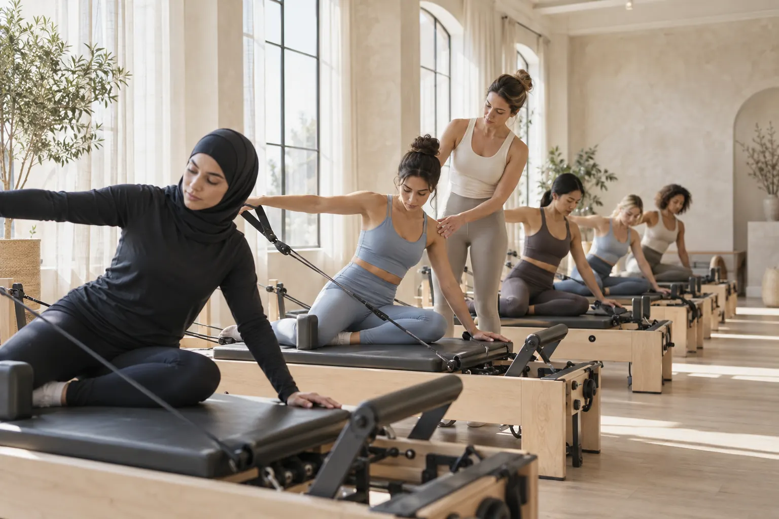A reformer pilates class in a bright studio with an instructor adjusting a client